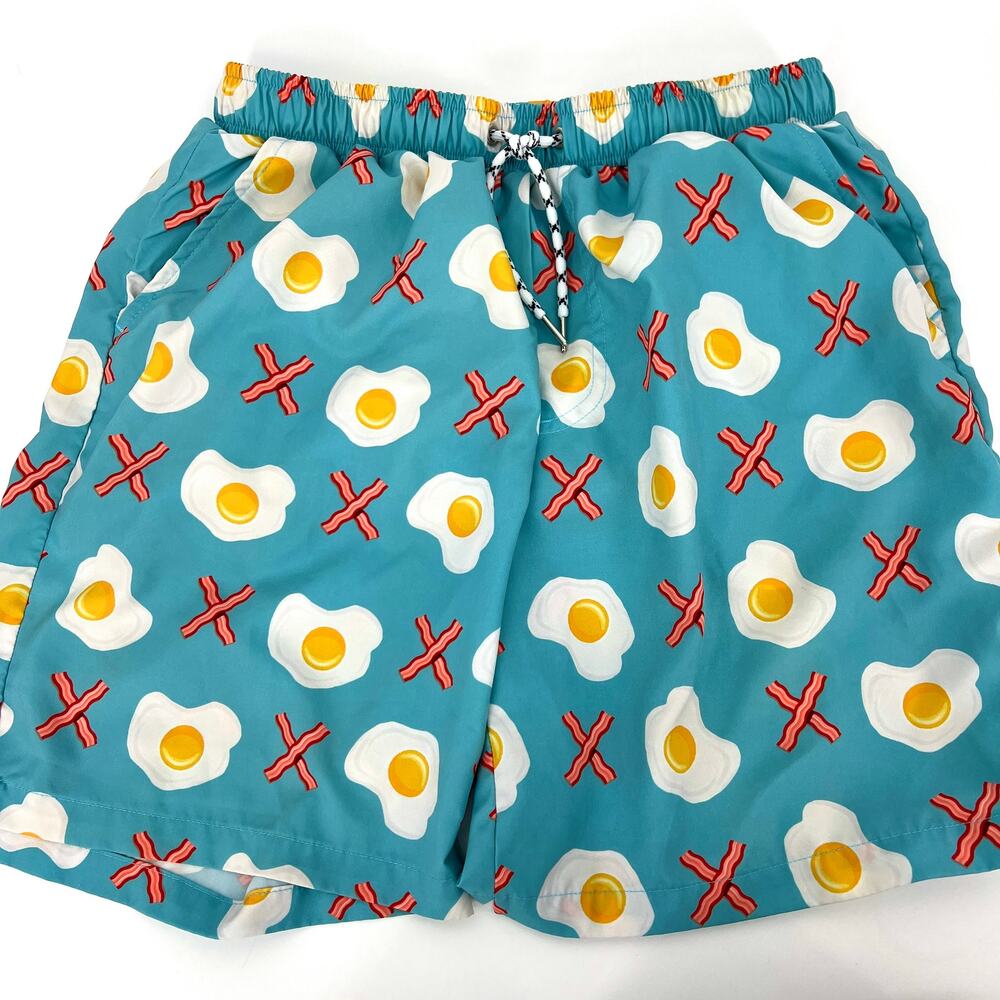 Mosmann Australia Bacon and Egg Print Hugs and Kisses Swim Trunks Shorts Size L